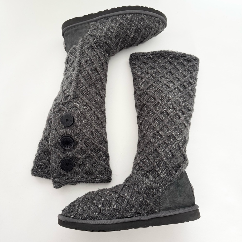 UGG Cardy Grey Wool Lattice Knit Tall Boots #3066-Size 9